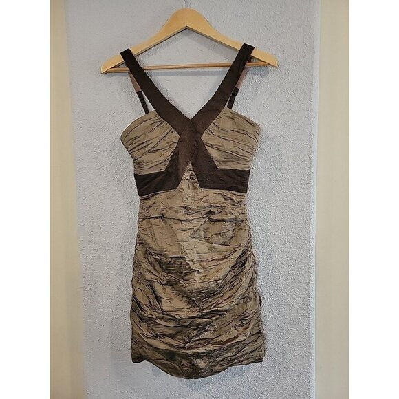 BCBGMaxAzria Dresses & Skirts - BCBG MaxAzria 90's Y2K Simsom Ruched Taffeta Mini Dress Mocha Brown Size 4